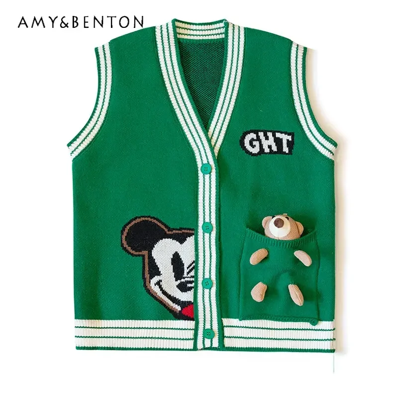 

Осенне-весенний однобортный Топ с V-образным вырезом, свитер, жилет, женский кардиган с мультяшным трехмерным медведем, вязаные свитера, безрукавка