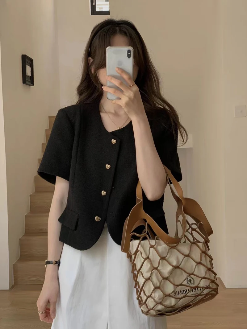 Korean Short-sleeved Blazer Women 2023 Summer Luxury Tweed Jacket Pink Love Button Cropped Top Casual Fashion Short Black Coat