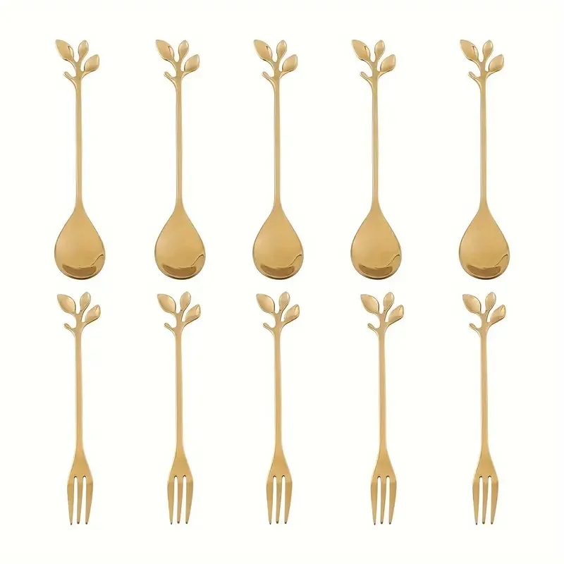 

10 pieces gold stainless steel leaf mini coffee spoon, fruit fork set, machine washable, suitable for afternoon tea