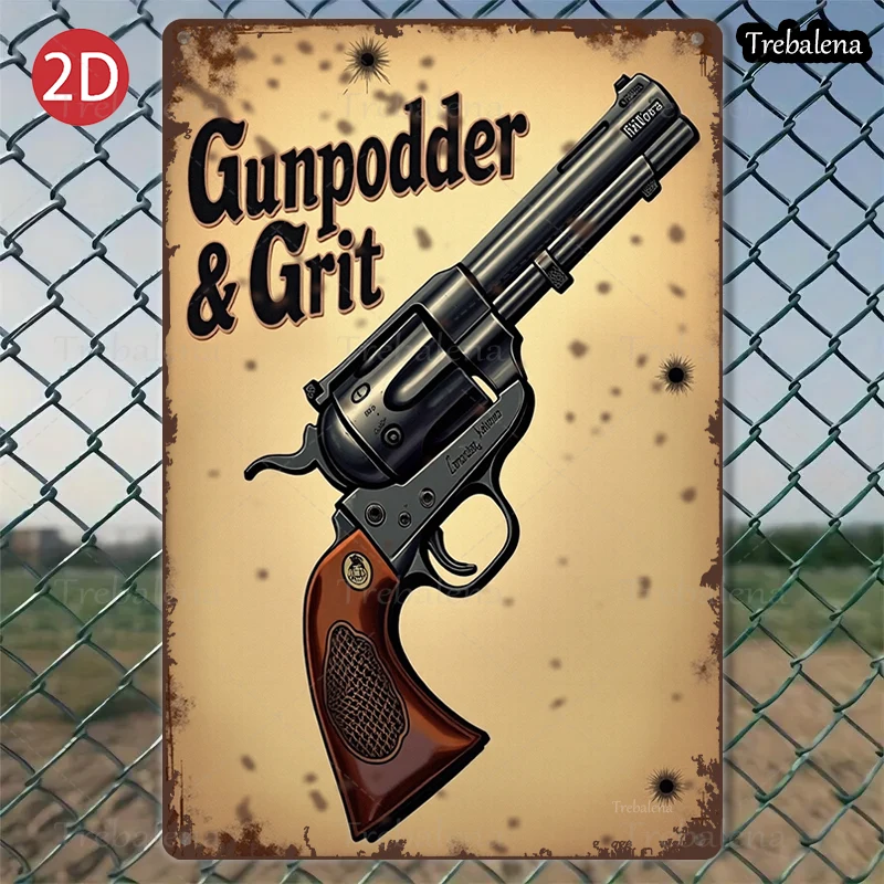 

1PC 2D Flat 8*12inch Metal Sign Western Style Gunpowder Grit Revolver Art Decor