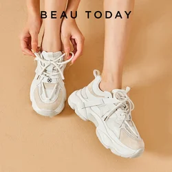 BEAUTODAY Trendy Chunky Sneakers Women Leather Lace Up Closure Breathable Fashion Ladies Casual Shoes Handmade A29476