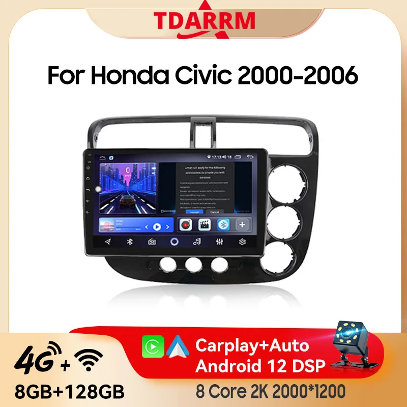 

9" Car Autoradio Android13 For Honda Civic 2000-2006 Wireless Carplay GPS Navigation 2K QLED Car Multimedia Video Player Stereo