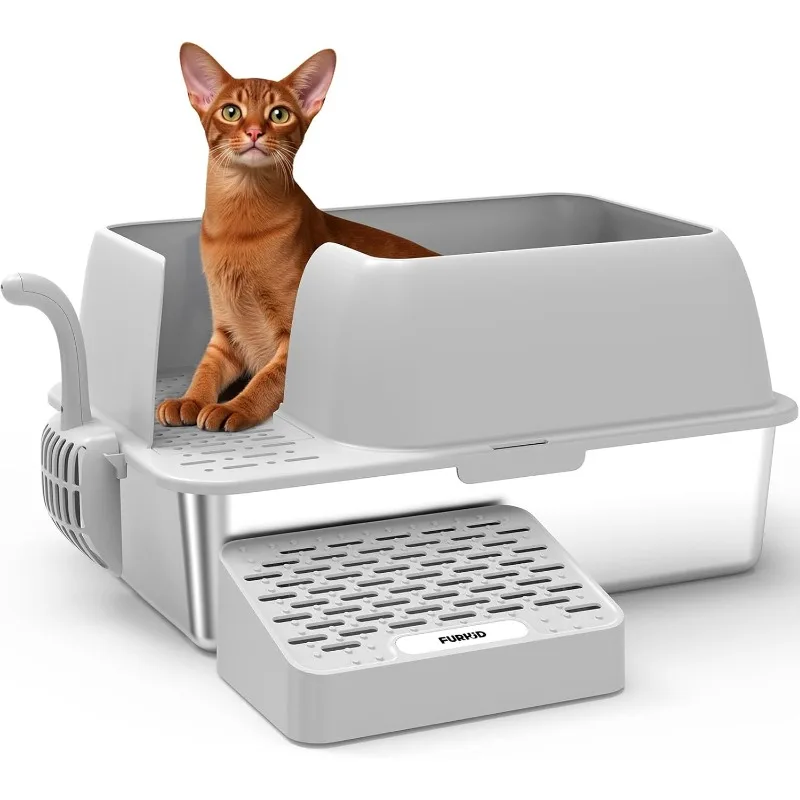 

Stainless Steel Cat Litter Box with Lid, Extra Large Litter Box for Small Cats, Enclosed Metal Litter Box with Passage