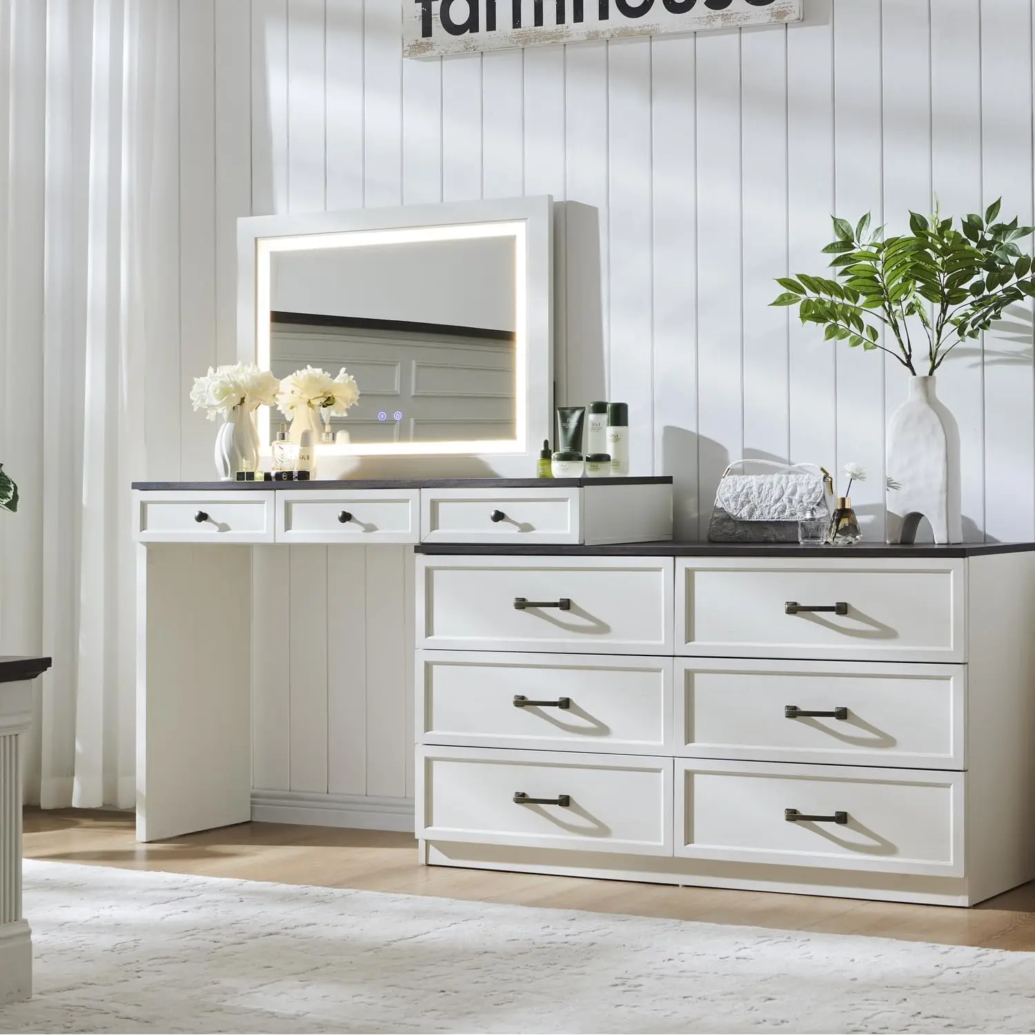 Vanity Desk with Glass Top, Farmhouse Makeup Table with 9 Large Storage Drawers, Rustic Wood Bedroom