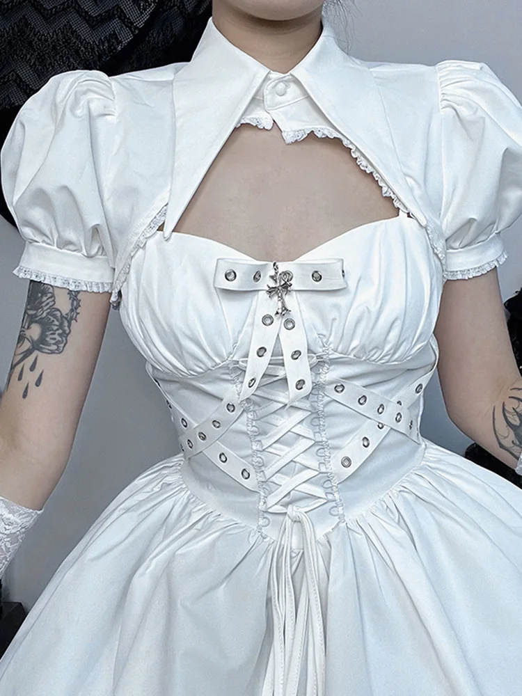 2023ใหม่ความงามVINTAGE Mall Gothic SMOCKผู้หญิงY2kร้อนหวานพัฟแขนเสื้อลูกไม้Patchwork Crop TEE TOP Coquette Lolitaชุด