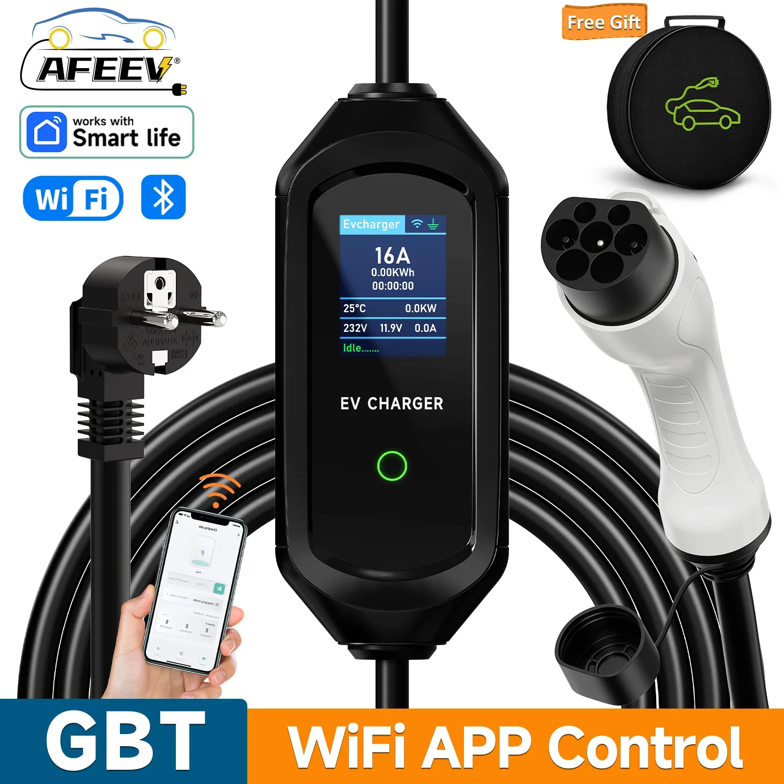 AFEEV 3.5KW 16A Portable EV Charger GBT 20234 Electric Car Charger EVSE Fast Charging Cable WiFi APP Bluetooth Remote Control