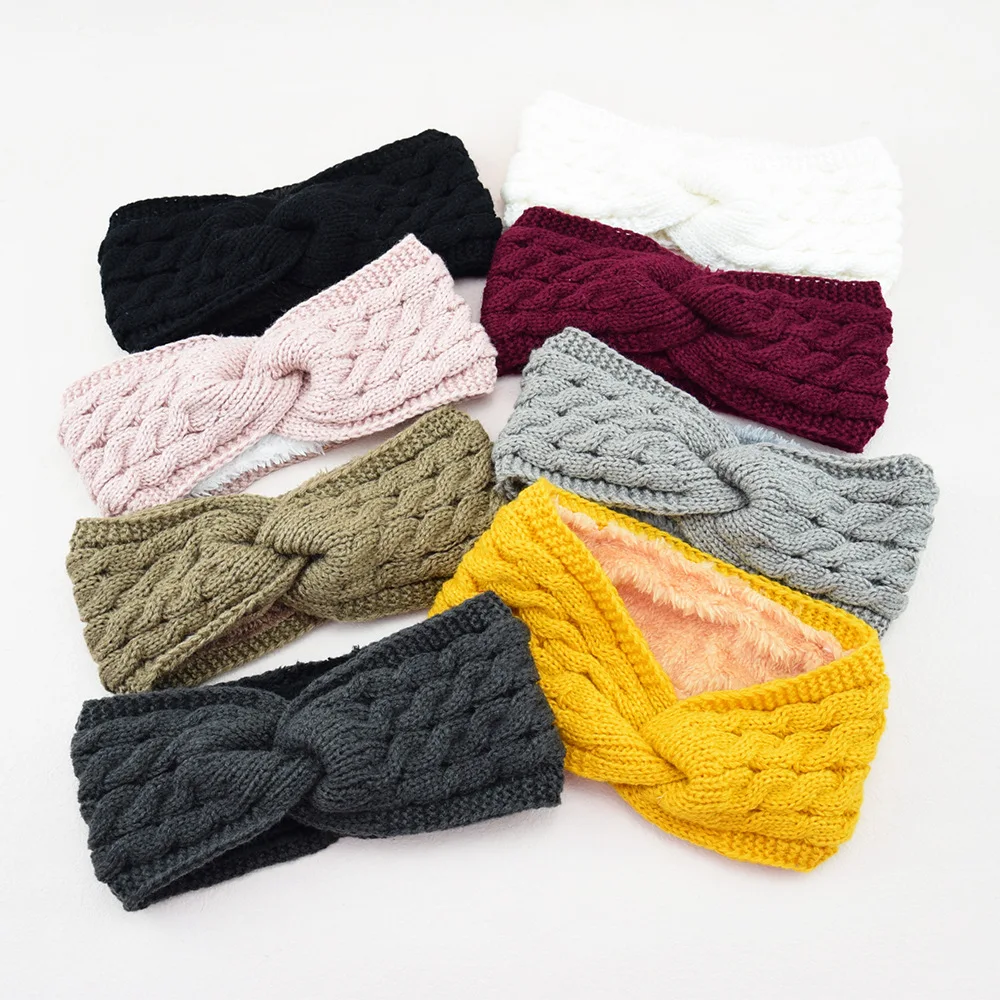 Winter Warm Plush Knitted Headband for Women Thickened Warmer Ear Hairband Woolen Knitting Elastic Turban Bandage Hair Band