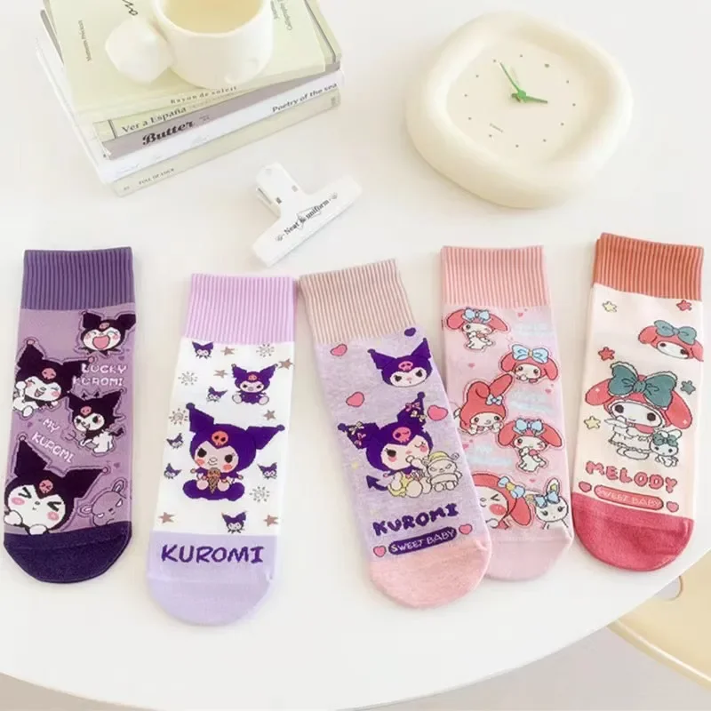 Sanrios 5 Pairs New Cartoon Socks Anti Slip Sweat Absorbing Friction Resistant Melody Cute Cartoon Purple Middle Socks for Girl