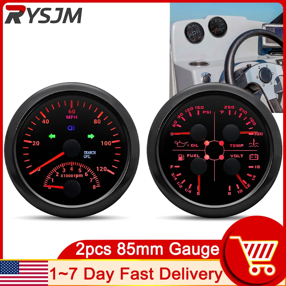 2pcs Black Gauge 85MM Tachometer for Boat Motor GPS Speedometer 120MPH & Fuel Level Meter Volt Water Temp Oil Press Gauge PSI