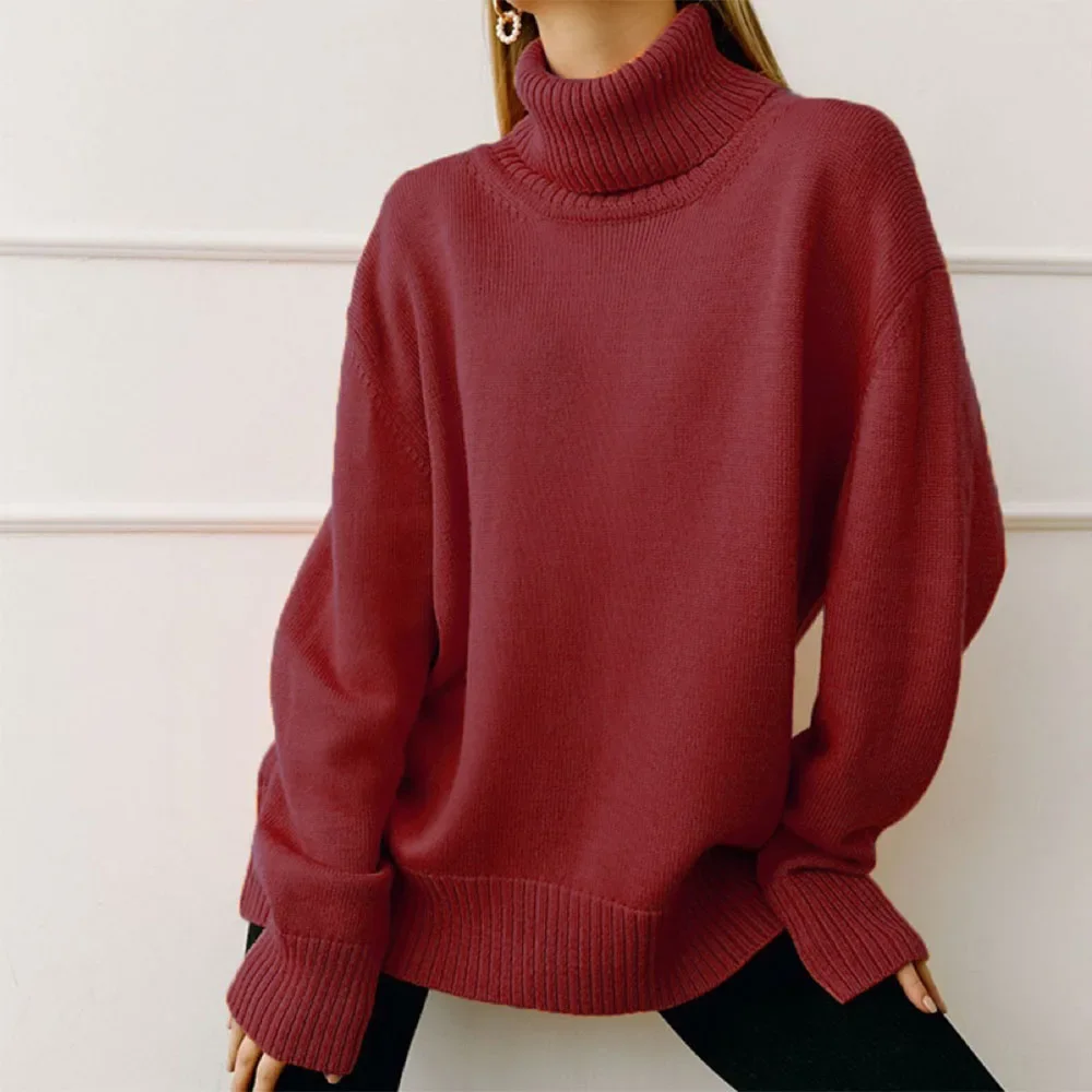 Jesienno-zimowy Casual Fleece Zagęszczony Ciepły Sweter Damski Turtleneck Solidny Sweter Dzianinowy Pullovers Rollneck Slim Fit Top