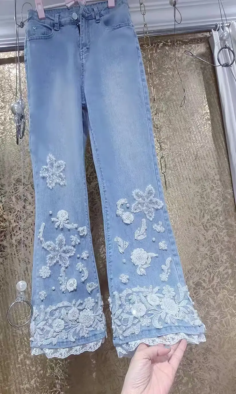 تصميم فاخر مطرز مشاعل الدنيم بانت طويل للنساء السراويل pantalones de mujer ملابس امرأة السيدات السراويل