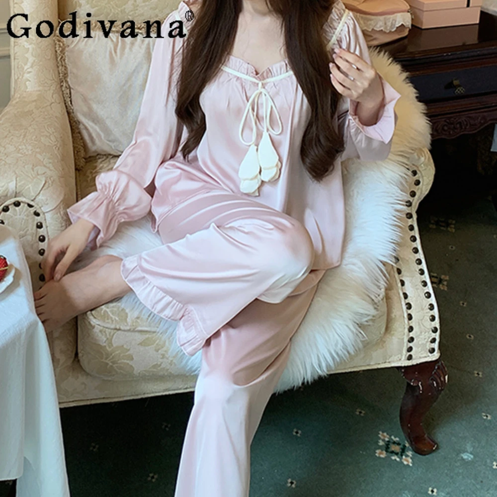 

2024 New French Court Pajamas Silk Satin Sweet Flower Princess Sleepshirts Pink Nightgowns