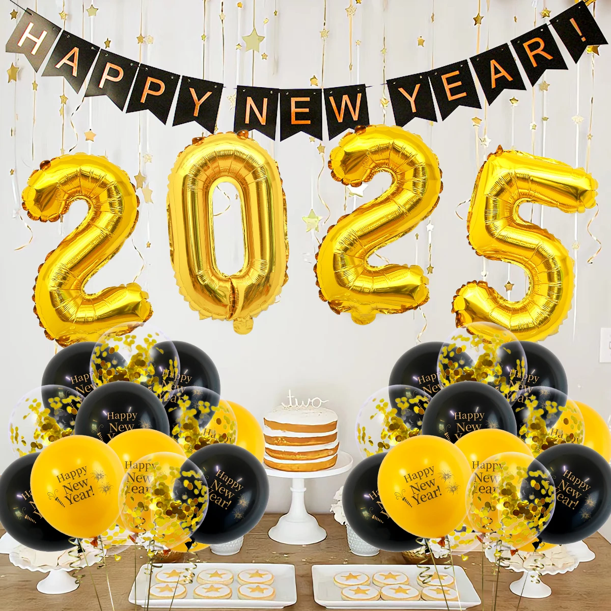 35pcs/set 2025 balloons New Year balloons, Happy New Year banner & Happy New Year latex balloons, New Year party decorations