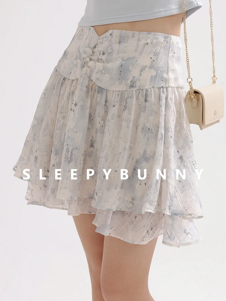 Watercolor Print Chiffon Skirt Women Summer High Waist Double Layer Hem Mini Skirt Casual Flowy A-line Pleated Skirt Light Blue