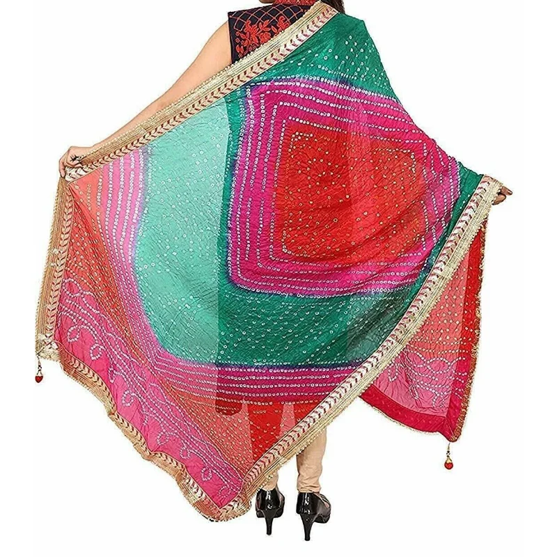 Dupatta bandhani Gota syal Sutra ผู้หญิงขโมยงานหนักหลากสีเทรนด์แฟชั่นยุโรปและอเมริกา