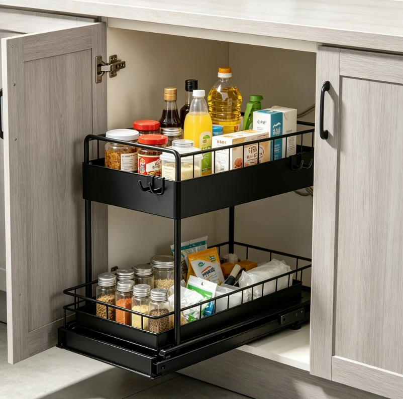 2‑Tier Slide‑out Under Sink Storage Basket Shelf Practical Bathroom Organizer Rack with Fitted Hangers for Cup Household Storage