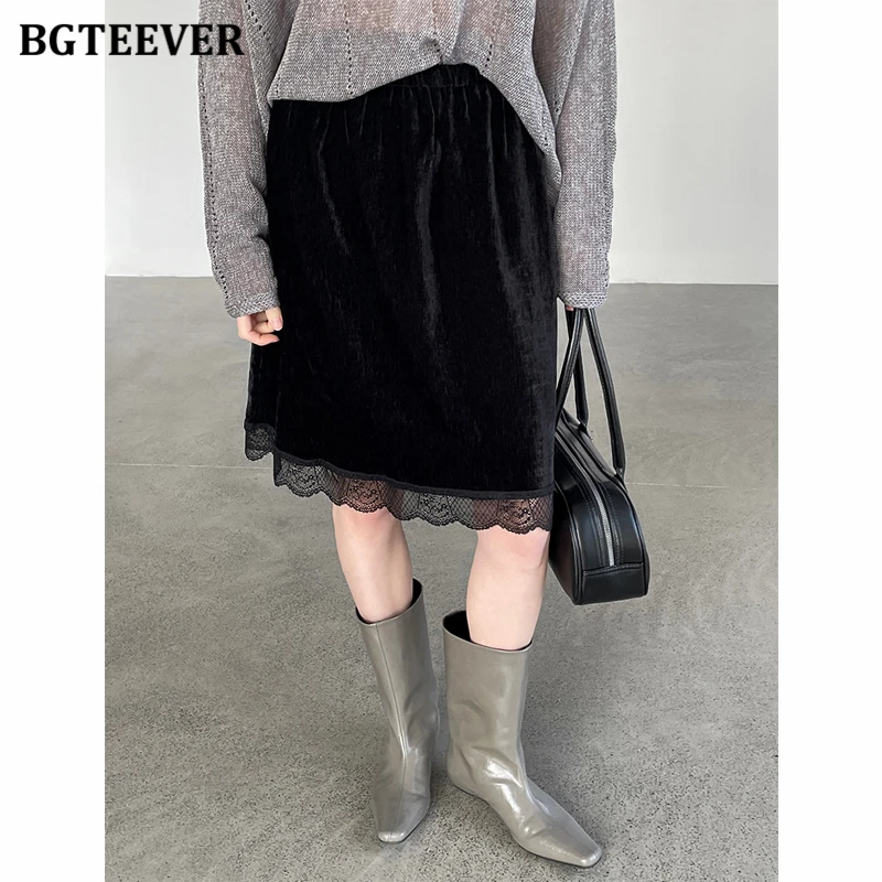 

BGTEEVER Женская бархатная юбка с кружевной отделкой, милая мини-юбка А-силуэта