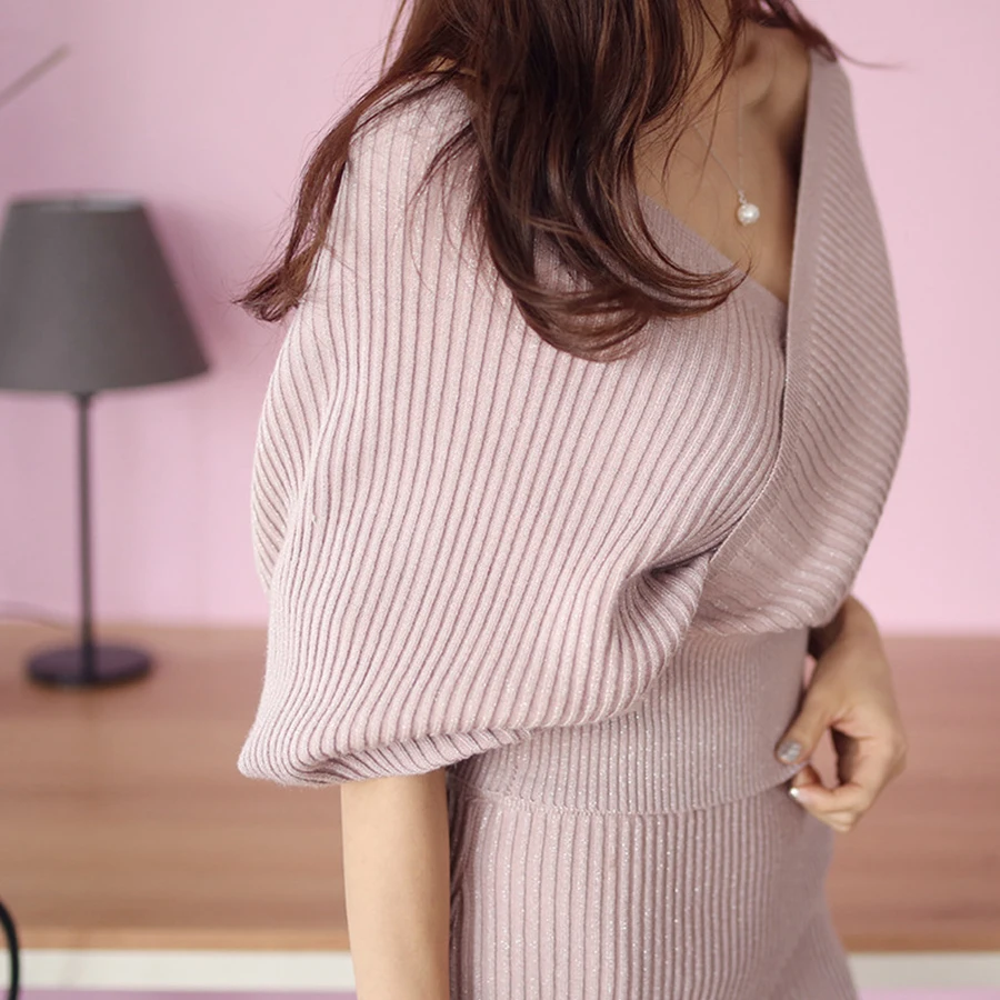 Winter Sweater Set Women Warm Sexy Two Piece Set Skirt Ladies V-Neck Reflective Female Elastic Waist Creative Sleeve Tops Sets