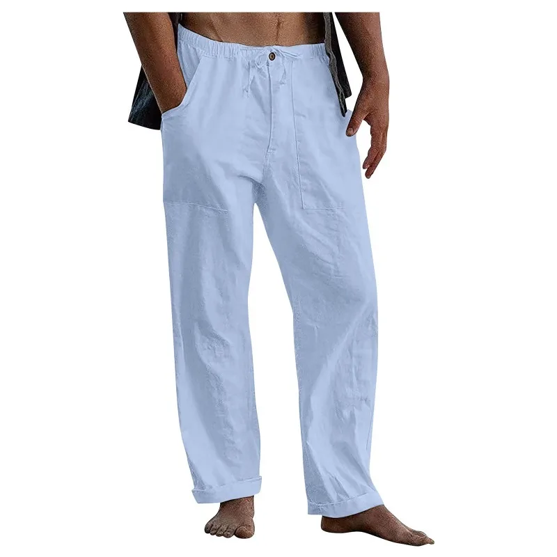 

2025 Summer Men Linen Breathable Wide Leg Pants Casual Vacation Beach Pants Fitness Stretch Yoga Pants Comfortable Home Trousers