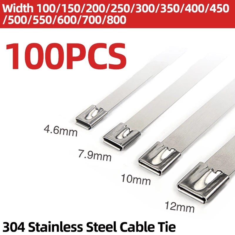 

304 Stainless Steel Cable Ties 100PCS Width 10mm 12mm X100~800mm Banding Self-locking Zip Ties Loop Wire Multifunctional