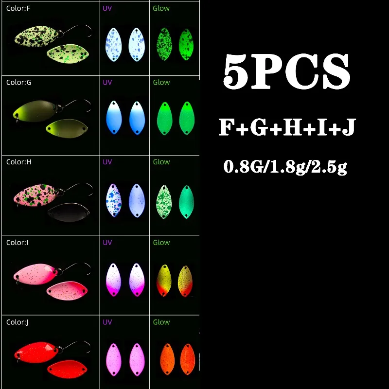 5 Teile/satz Spoonbait 0,8g 1,8g 2,5g Kupfer Löffel Bunte Malerei Senf Haken UV Leucht für Forelle Bass stream Pesca Tackle