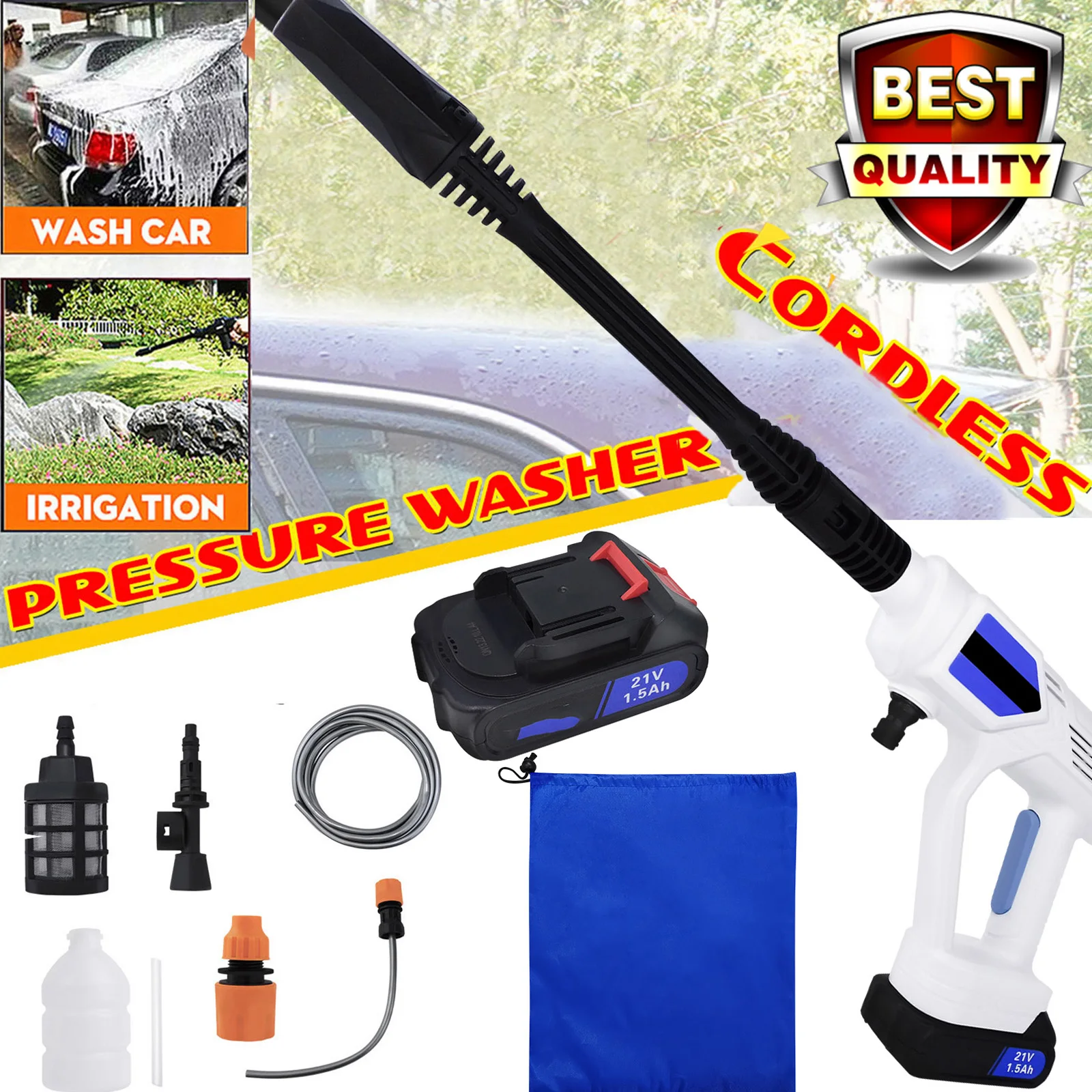 Automobile Water 21V Gun Cordless High Pressure Cleaner Washer Spray Water Gun Car Wash Pressure Cleaning Machine with 1 Battery