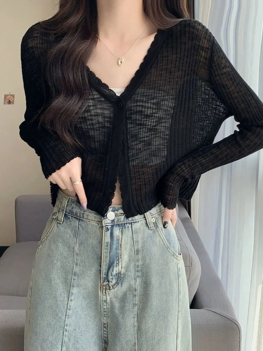 Sommer lose gestrickte Eis Seide lange Sve offene Strickjacke Damen Klimaanlage Top dünne Sonnenschutz V-Ne Casual Sle
