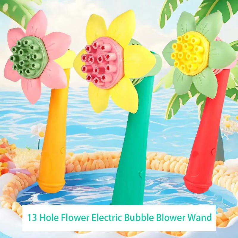Children Cute Flowers Automatic Bubble Wand Fun Outdoor Handheld Flowers 17 Holes Bubble Machine Electric Bubble Blowing Toy