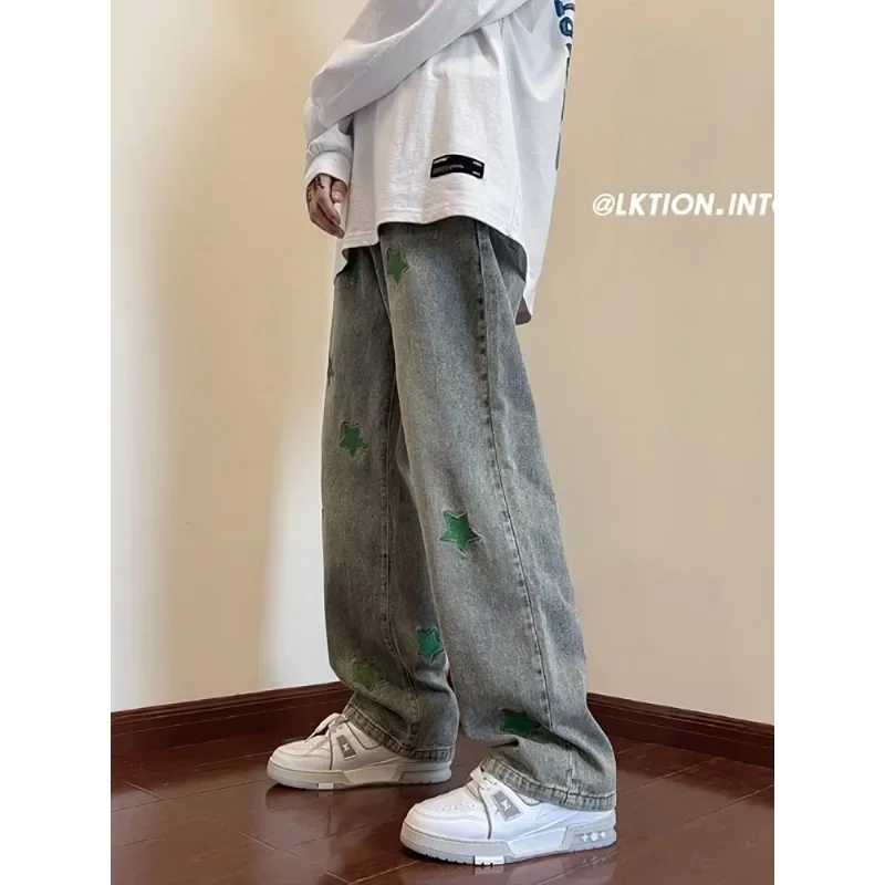 Trendy Vintage Wash Green Star Embroidery Full Jeans American Style Straight Leg Casual Pants For Men Women