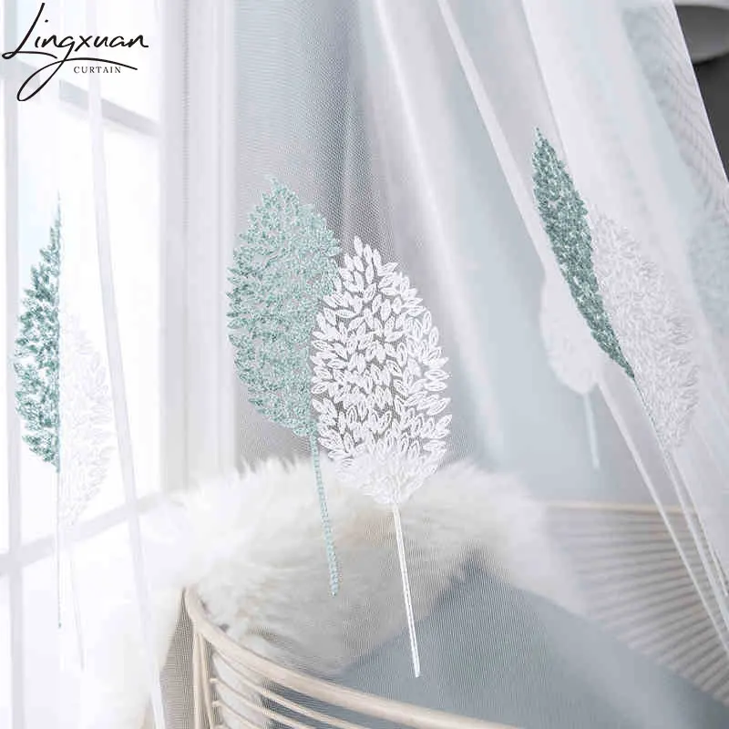 Modern Sheer Curtains Window for Living Room Embroidered Leaves Voile Curtain Bedroom Bathroom Tulle Curtain For Kitchen Drapes