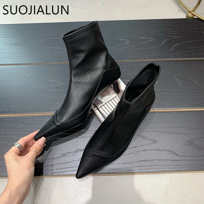 SUOJIALUN Winter New Thin Low Heel Women Ankle Boots Fashion Pointed Toe Slip On Chelsea Boots Shoes Soft Leather Short Boots