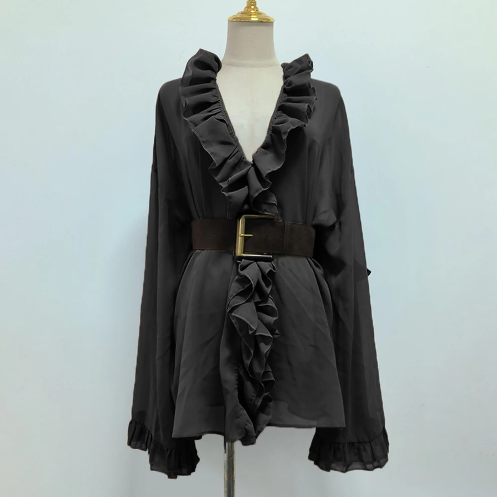 Franse stijl tops herfst 2025, nieuwe gegolfde losse slanke tailleriem, sexy elegant shirt-GZXX 949