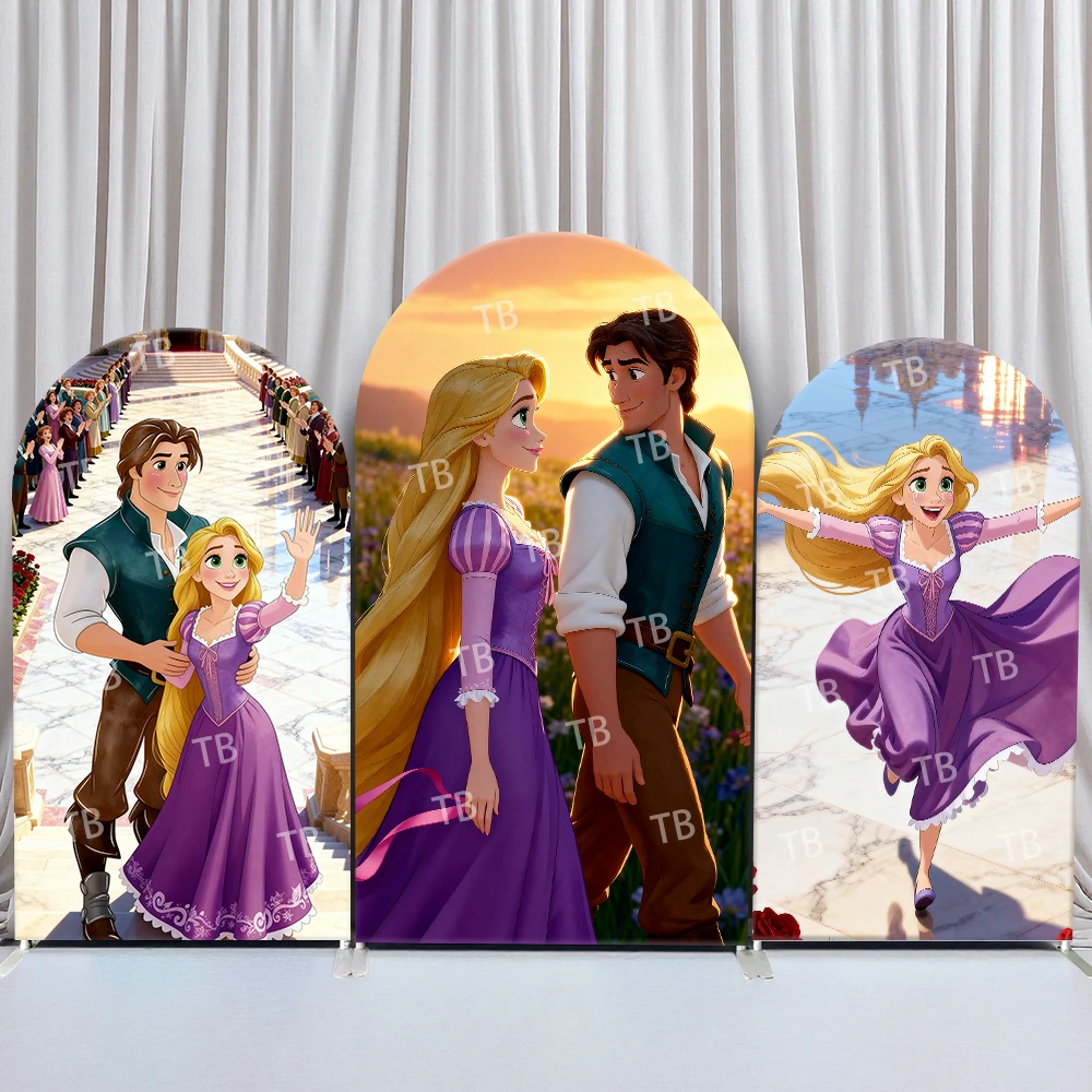 

Tangled Rapunzel Flynn Rider Arch Backdrop Cover Wedding Procession Sunset Flower Field Romantic Photo Booth for Wedding Events