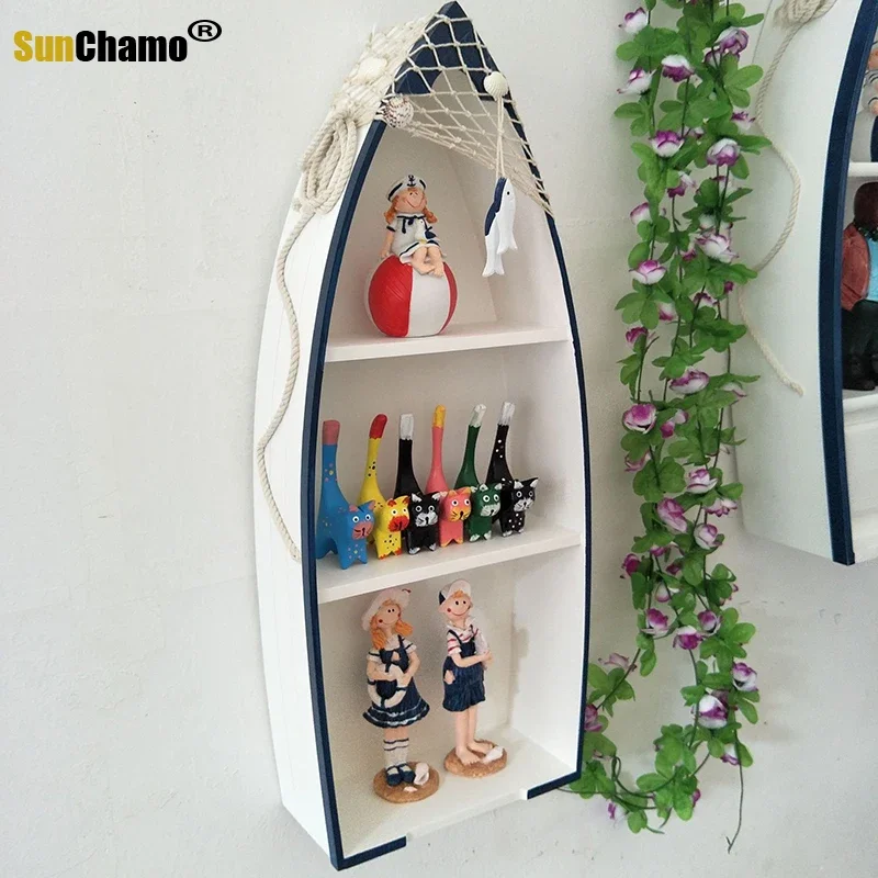 Mediterranean Style Wooden Ship-shaped Wall-mounted Ship Cabinet Storage Box Decoration Home Study Pendant Kindergarten