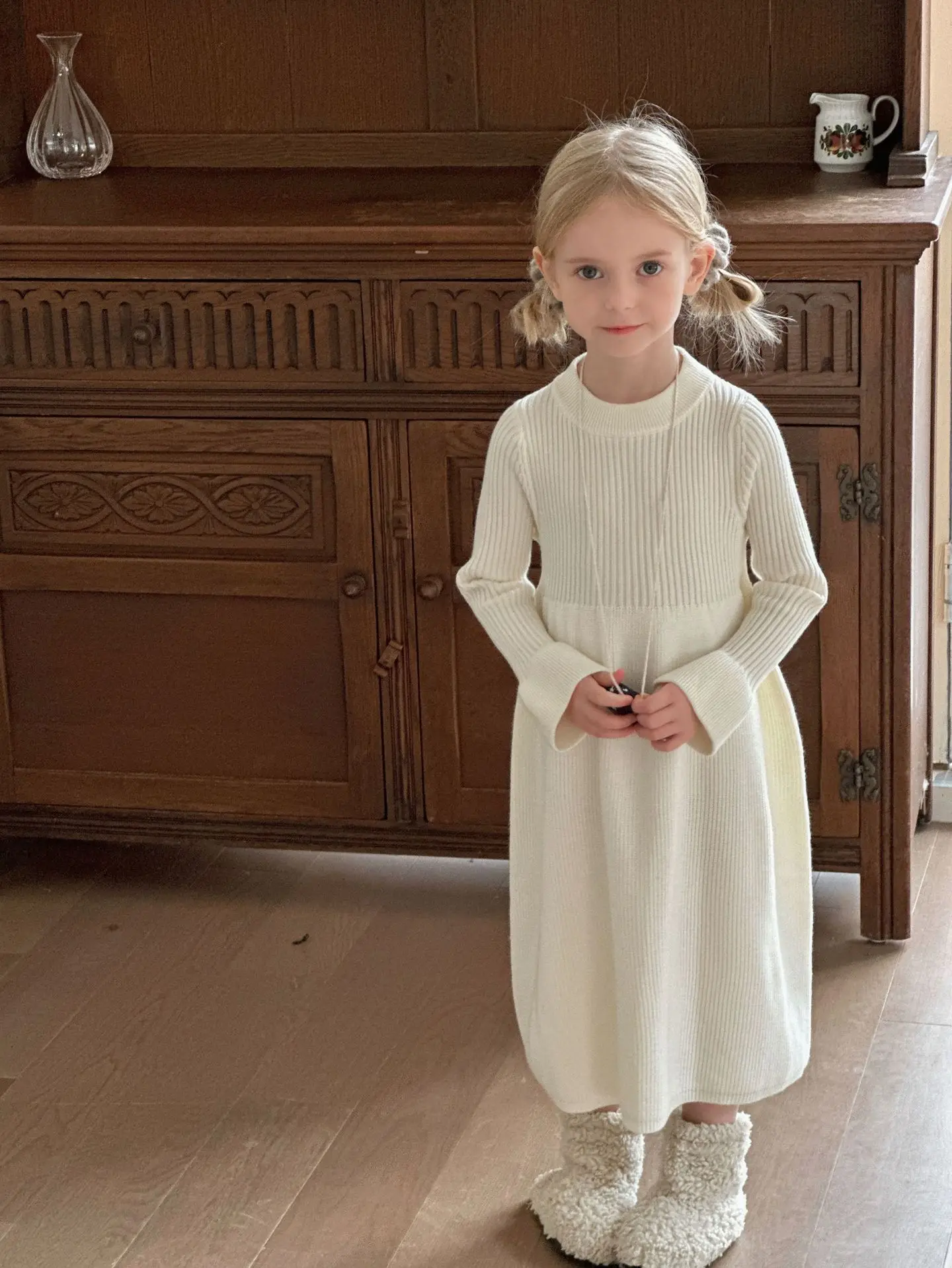 

Girls' Dress 2025 Spring and Autumn New Korean Edition Children's Solid Color Knitted Princess Skirt Dress