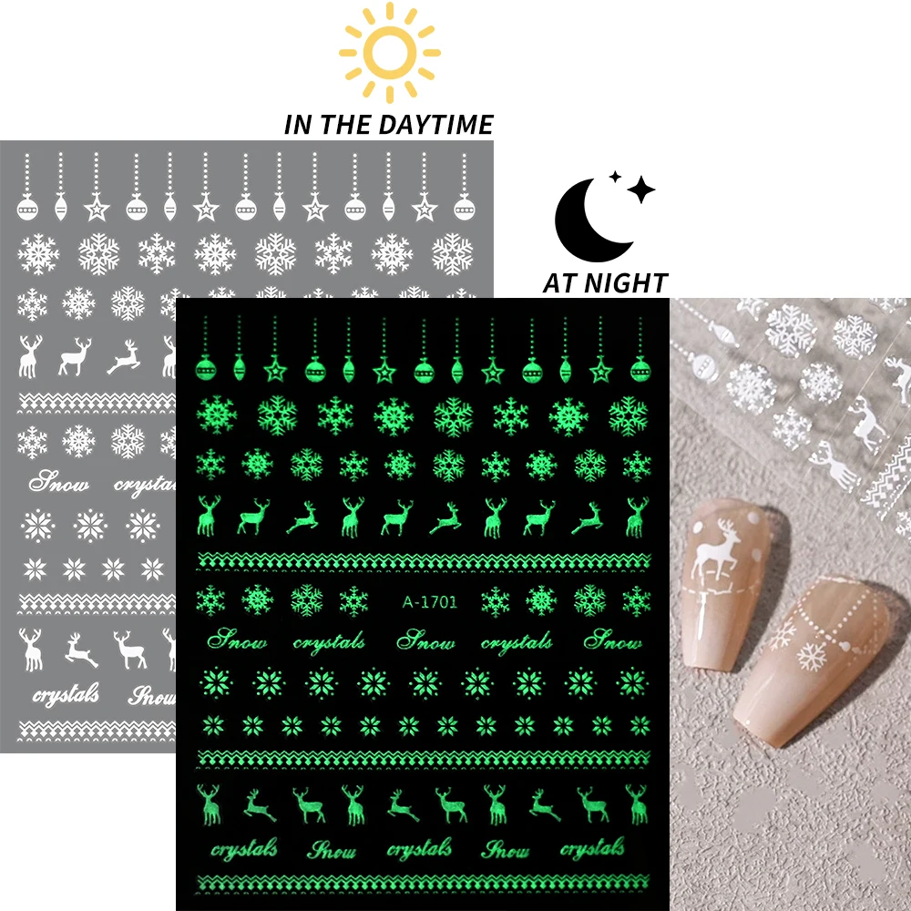 3D Luminous Christmas Snowflake Nail Stickers Winter Snowman Snowflake Self-Adhesive Sliders Glow in The Dark Nail Art Decals **