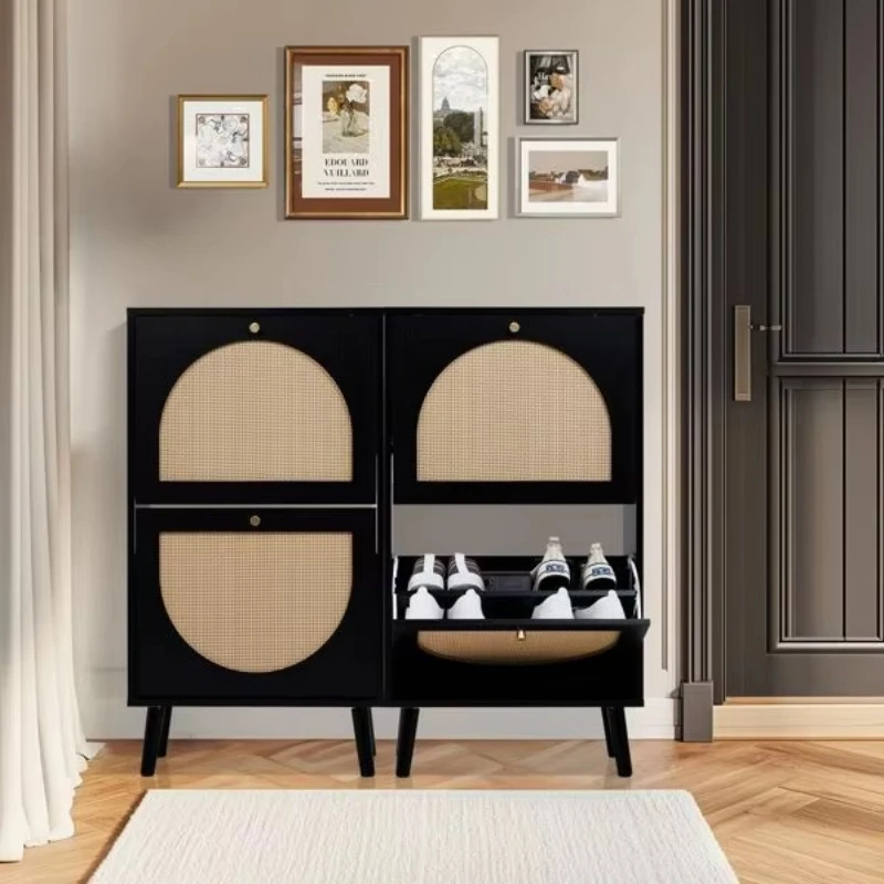 54 * 24 * 98Cm black frame log chipboard + plastic rattan 2 storage buckets high shoe rack 54 24 98cm shoe rack