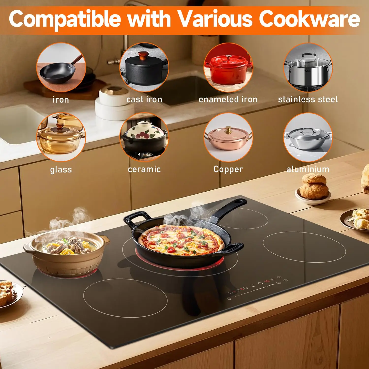 โนกซ์ตันเตาไฟฟ้า 36 นิ้ว 5 หัวเตา, เตาไฟฟ้าในตัว 9200W, องค์ประกอบสามตัว, ตัวจับเวลา, ล็อคเด็ก, 220-240V แข็ง