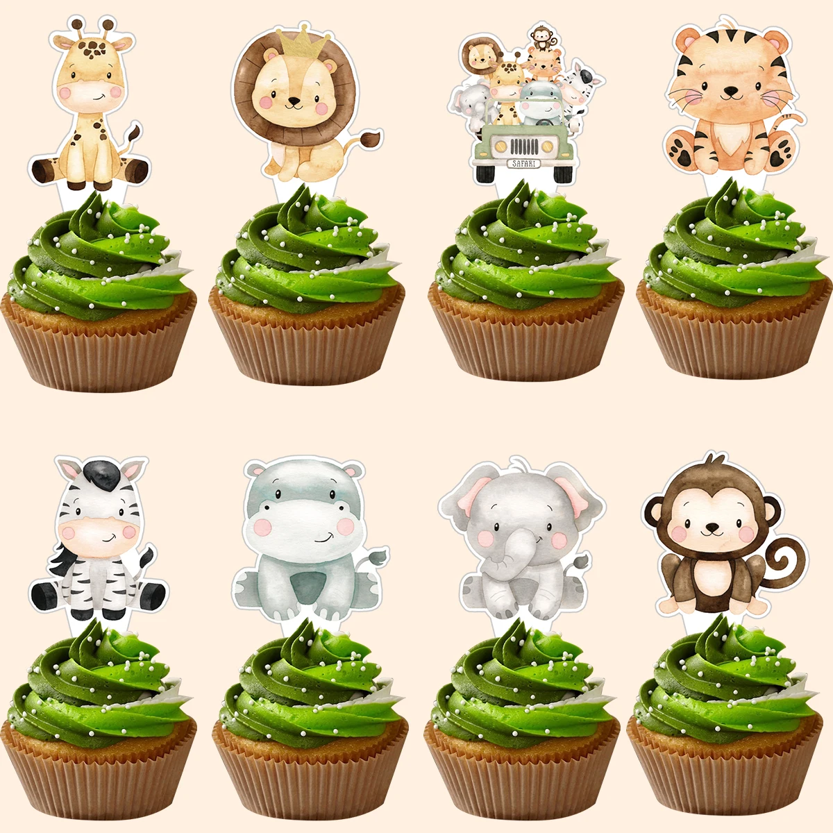 24 Stuks Kartonnen Dier Cupcake Toppers Leuke Olifant/Giraffe/Nilpo Topper Voor Kinderen Jungle Safari Party DIY Taart decoratie Benodigdheden