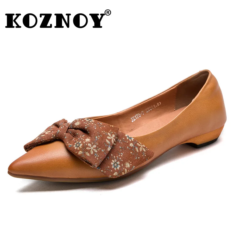 Koznoy 2.5cm 2024 Cow Genuine Leather New in Women's Shoes Summer Office Ladies Luxury Point Toe Artistic Cutout Fashion Flats