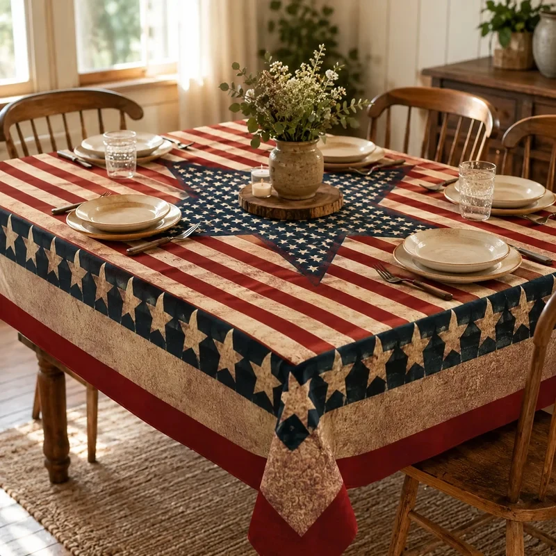 VIKAMA Vintage American Flag Star Stripe Tablecloth Waterproof Rectangular Patriotic Holiday Table Cover