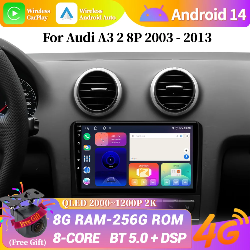 

Android 14 для Audi A3 2 8P 2003-2013 Автомобильный радиоприемник Мультимедийное видео Playe Навигация Bluetooth 4G GPS Беспроводной Carplay Сенсорный экран