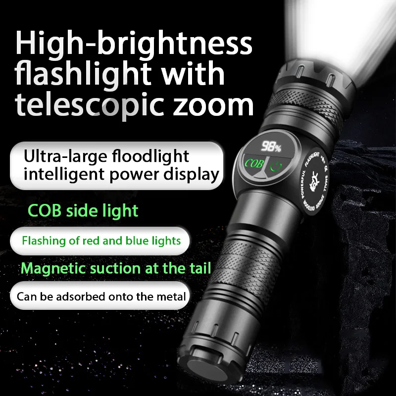 Portable rechargeable zoom flashlight with display screen, LED flashlight with emergency side light 5 lighting modes image 5