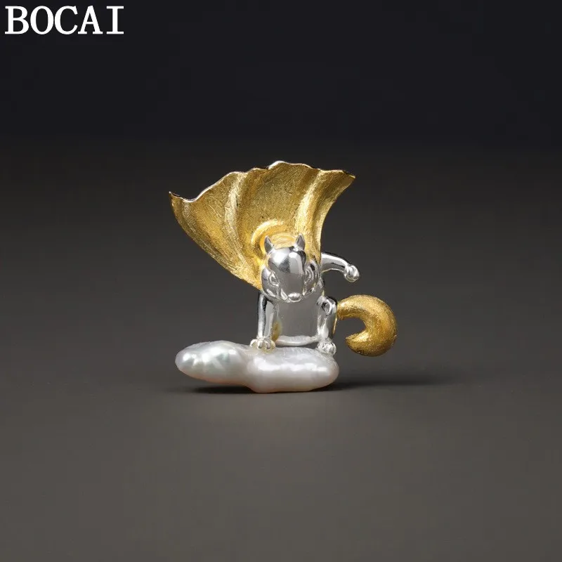 

BOCAI NEW S925 Sterling Silver Cute And Niche Baroque Pearl Squirrel Cloak Hero Dual-purpose Brooch Pendant Female Gift