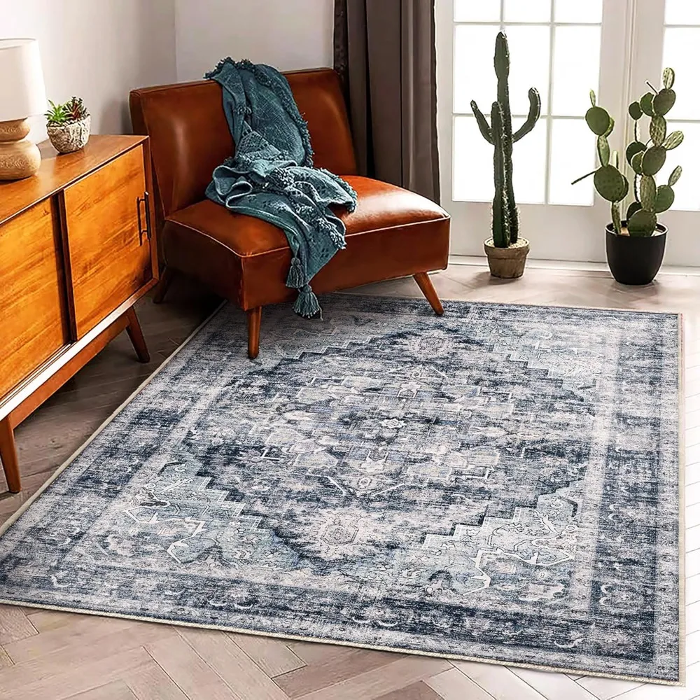 

3'x5' Dark Blue Vintage Washable Thin Area Rug Traditional Floor Cover Foldable Indoor Distressed Non Slip Carpet