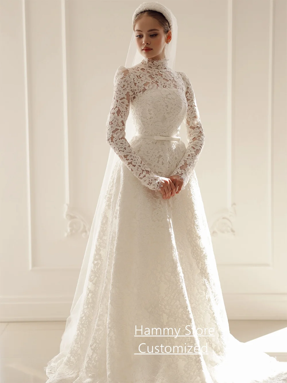 Skromna suknia ślubna szyta na miarę, z wysokim dekoltem, długimi rękawami, kokardą, paskiem, w kształcie litery A, z saudyjskiej koronki, suknia ślubna Vestido De Noiva