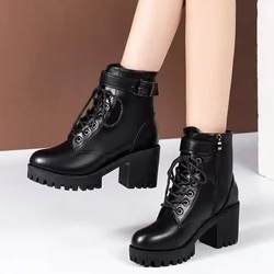 Botas con punta redonda y hebilla para mujer, zapatos de tacón alto a la moda, con cordones y Tacón cuadrado, talla grande, para otoño