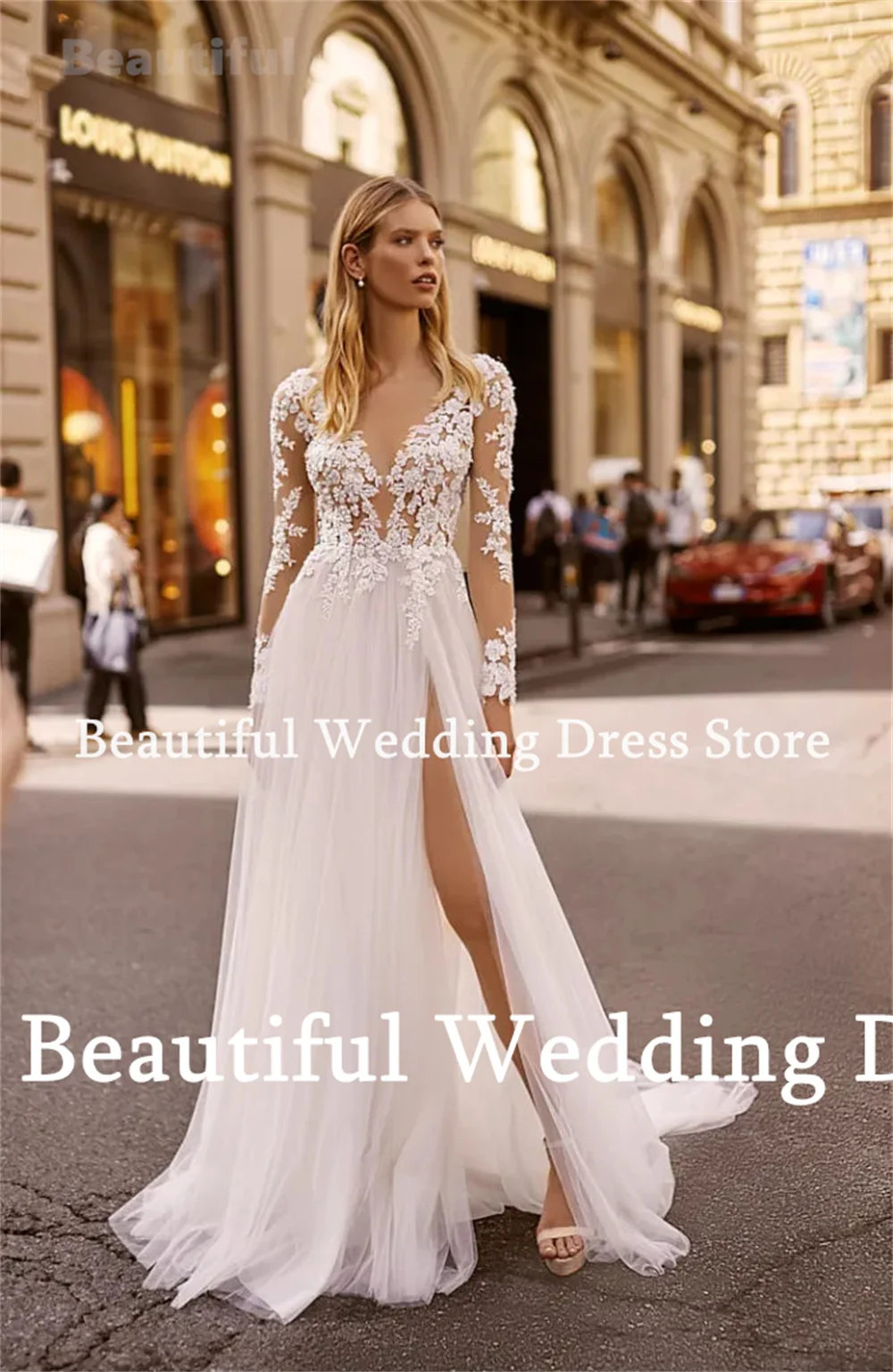 Abito da sposa bianco di lusso trasparente o-collo maniche lunghe a-line Tulle pizzo Appliques abito da sposa lunghezza pavimento abiti de novia 2024