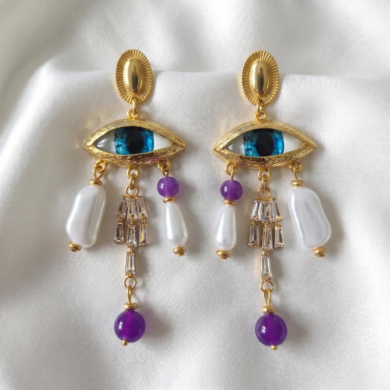 Trendy Evil Eye Tassel Dangle Earrings Imitation Pearl  Crystal Vintage Gold Color Drop Earrings For Women Daily Wear