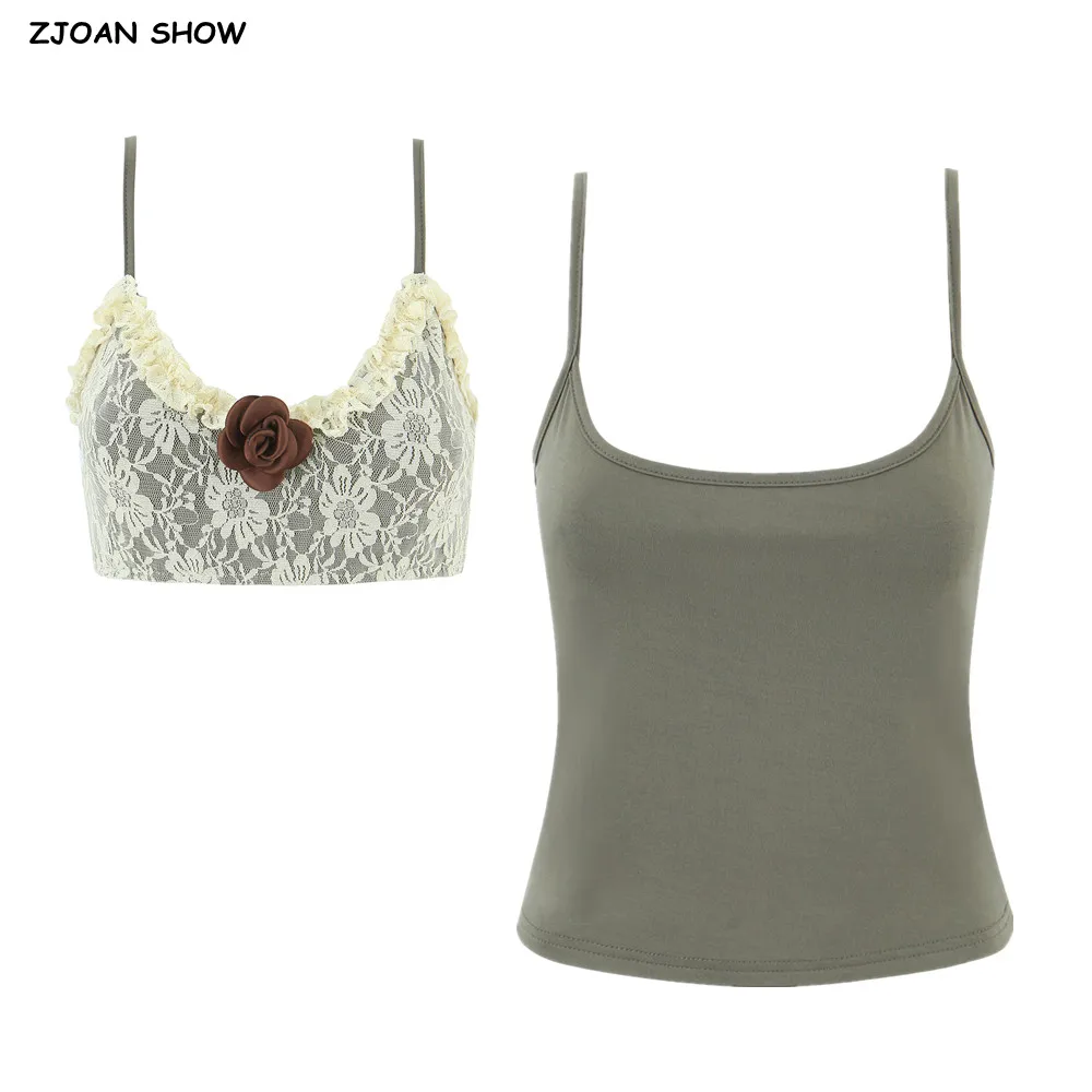 

2025 Highstreet 2 pieces 1 Set Camisole Women 3D Flower Wood ears Lace V neck Skinny Tank Tops Cool Girl Sexy Slim Crop Top
